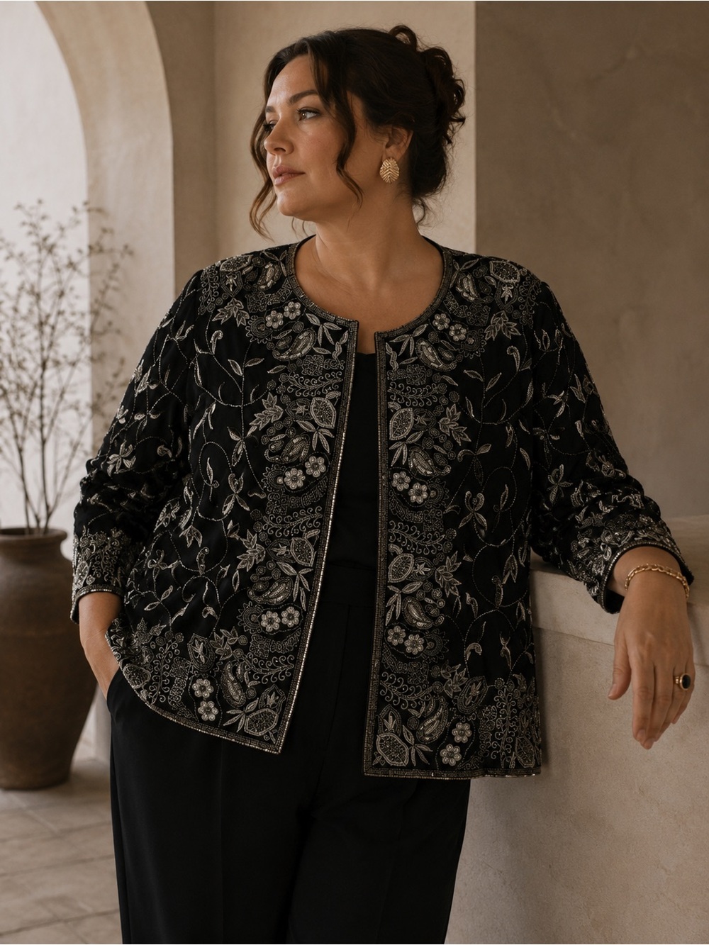 Vintage Diane Freis Silk Beaded Blazer Black 2X Evening Floral Embellished Luxe